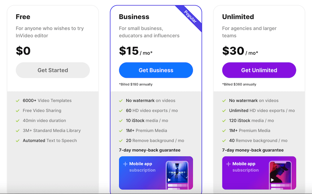 InVideo Pricing Plans